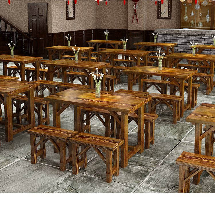 快餐桌椅小吃店燒烤仿古碳化木餐飲工廠(chǎng)食堂早餐長(zhǎng)方形4人長(zhǎng)餐桌